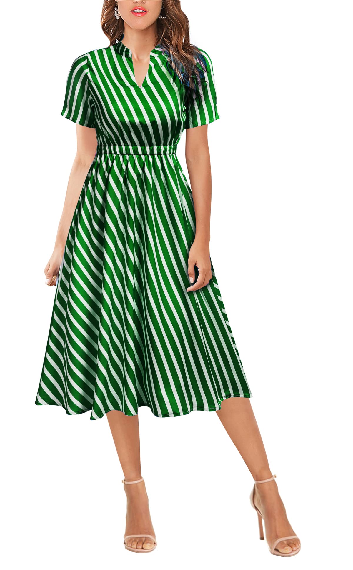 FORTRIC Women's A-Line Striped Chiffon Midi Dress - Summer Casual & Office Work Wear - Perfect for Business Meetings, Date Nights & Outdoor Events