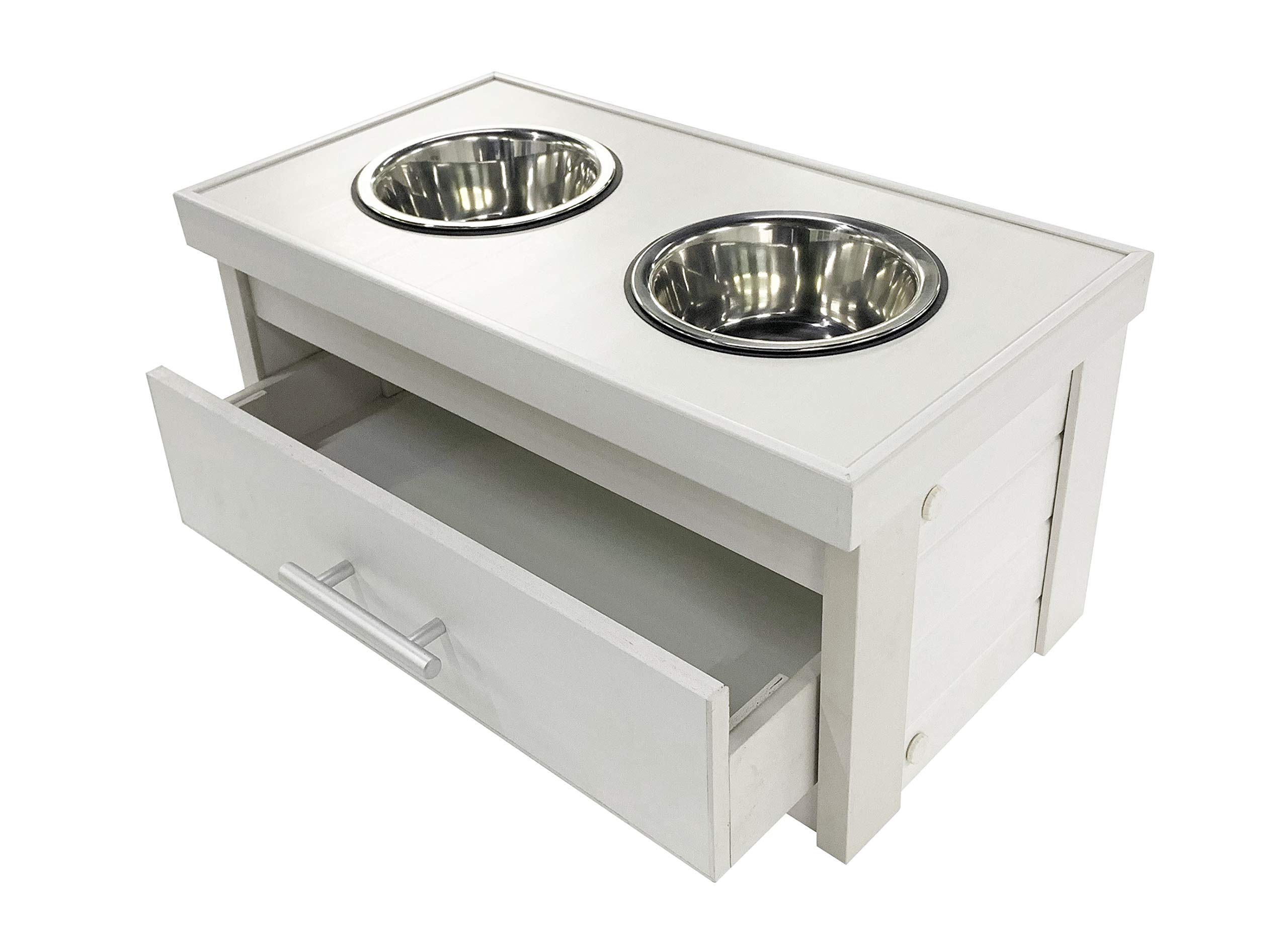 ECOFLEX Piedmont 2-Bowl Dog Diner with Storage Drawer - Antique White | Elevated Raised Dog Bowls for Large Dogs | Perfect for Dining Room or Kitchen Feeding Station