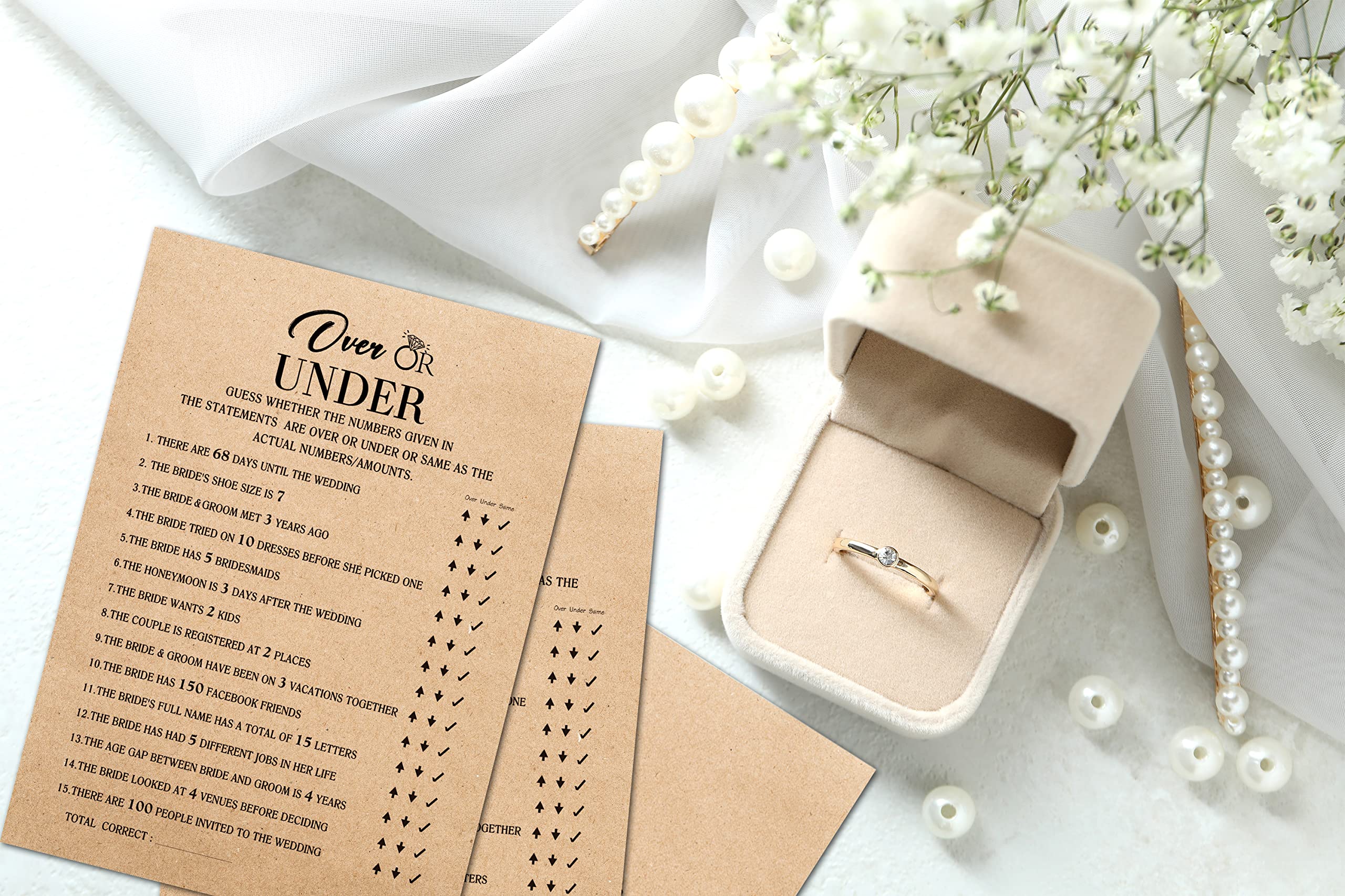 Bridal Shower Game Set - Over or Under Wedding Party Game Cards with 30 Kraft Rustic Cards - Unique Engagement & Bachelorette Party Supplies - Perfect for Wedding Showers, Rehearsal Dinners & Girls' Night Activities