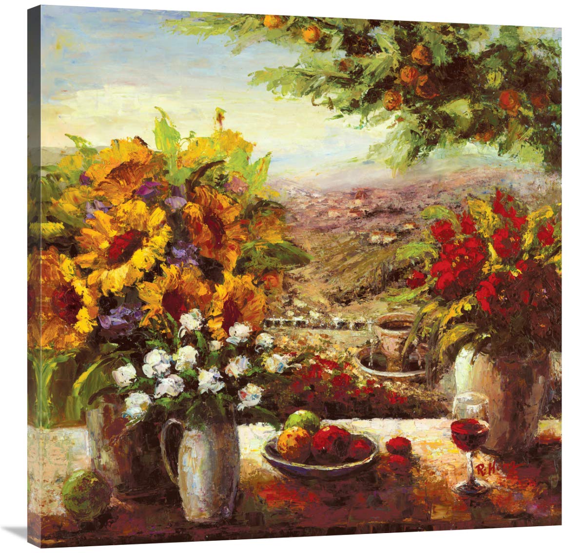 Global Gallery Sunflowers with Fruit and Wine Canvas Wall Art - 36x36 Inch Floral Still Life Painting - Perfect for Living Room, Bedroom, or Office Decor