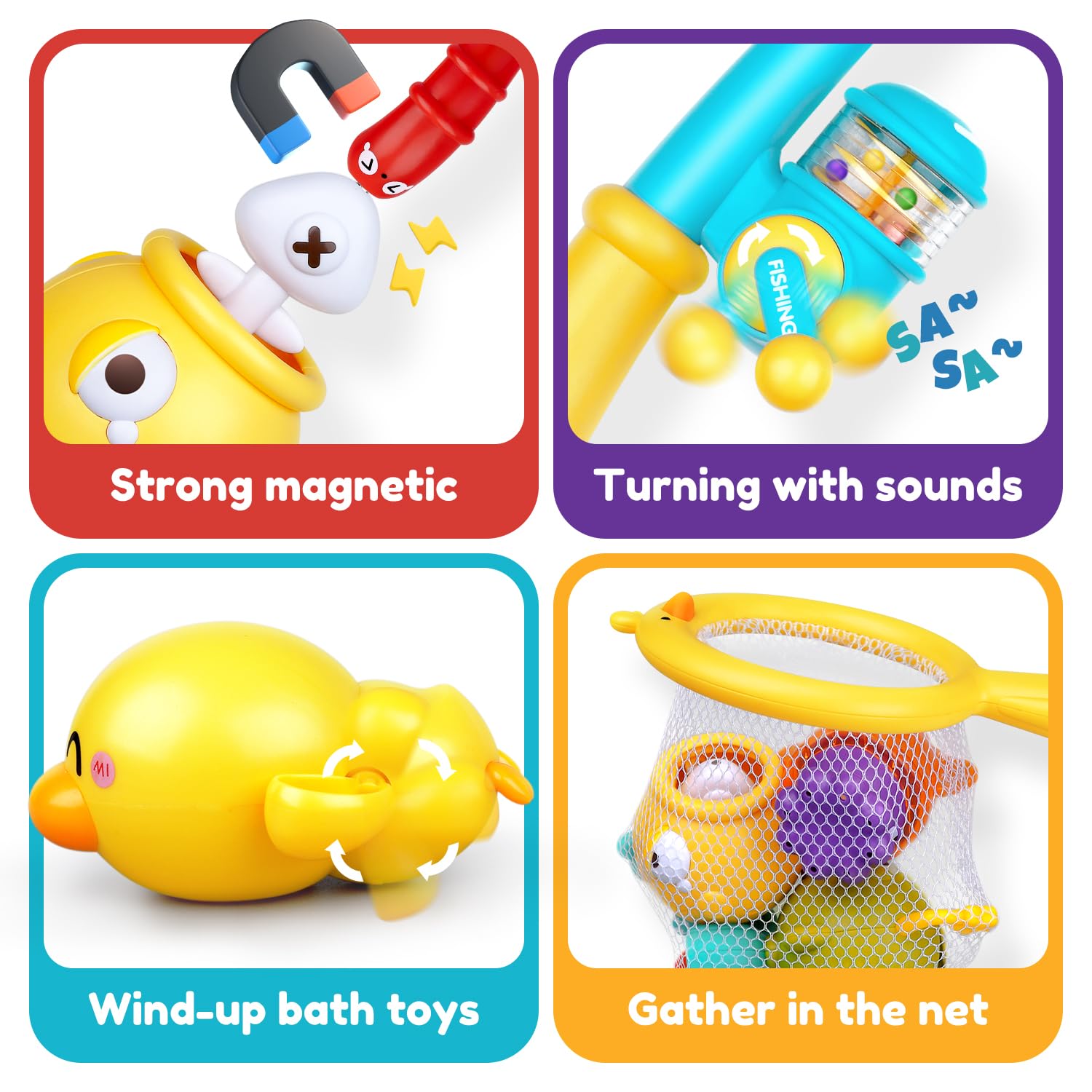 Best Baby Bath Toys for Toddlers 1-3 Years - Magnetic Fishing Game Set with Floating Wind-Up Toys, Fishing Net & Rod - Fun Bathtub & Pool Water Toys for Kids - Perfect for Sensory Play, Motor Skills Development & Bath Time Fun