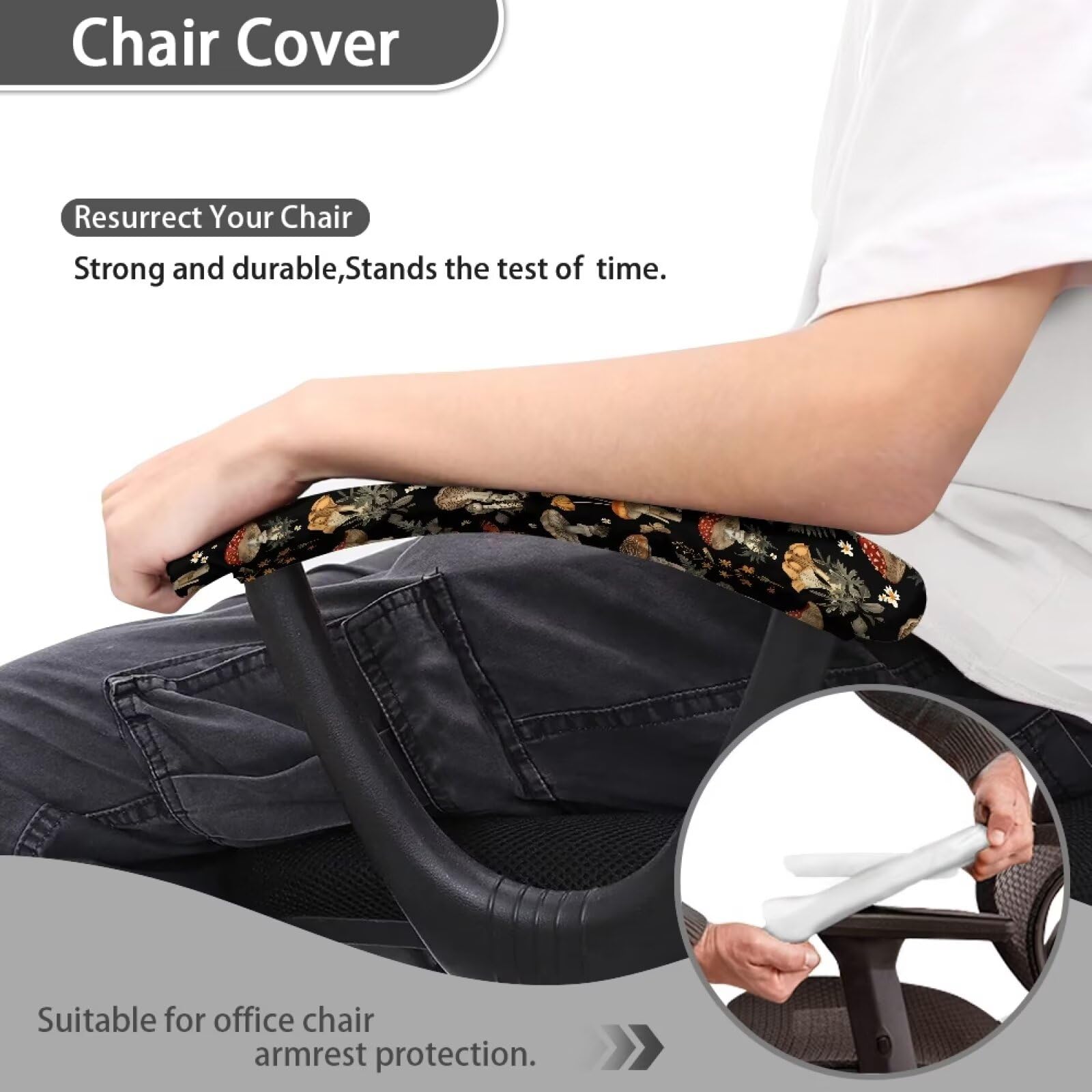 Stretchy Washable Mushroom Print Office Chair Armrest Covers - 2 Pack Comfortable Slipcovers for Rotating Chairs | Perfect for Home Office, Gaming & Workspace Ergonomics