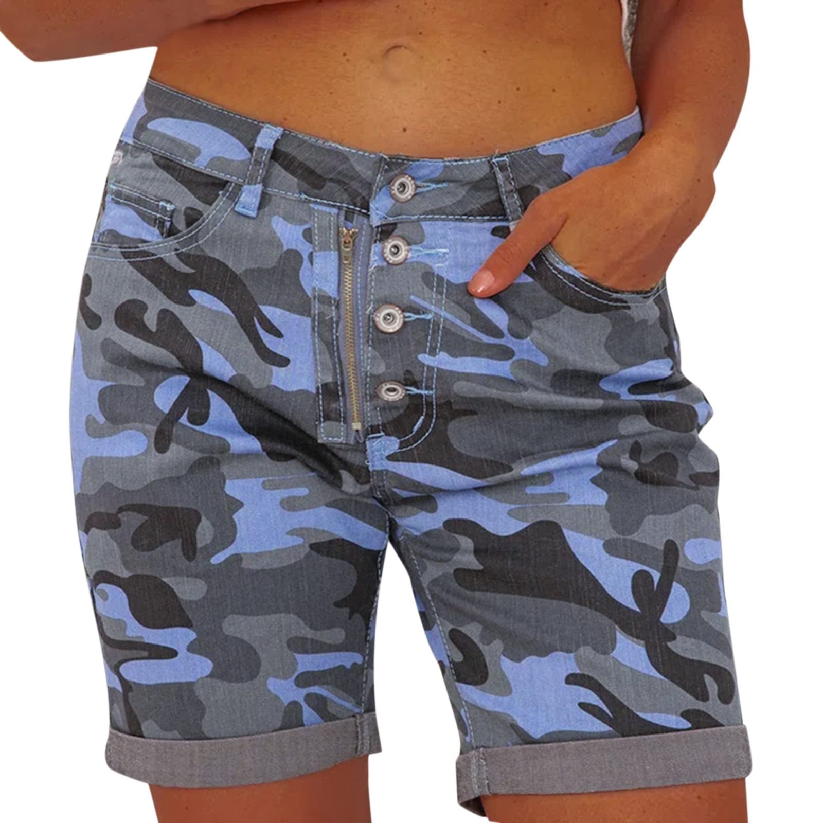 Women's Classic Cut Off Denim Shorts - Mid Rise Stretchy Jean Shorts with Cute Camouflage Prints | Comfortable & Elastic for Casual Wear, Summer Outfits, Beach Vacations & Street Style Fashion