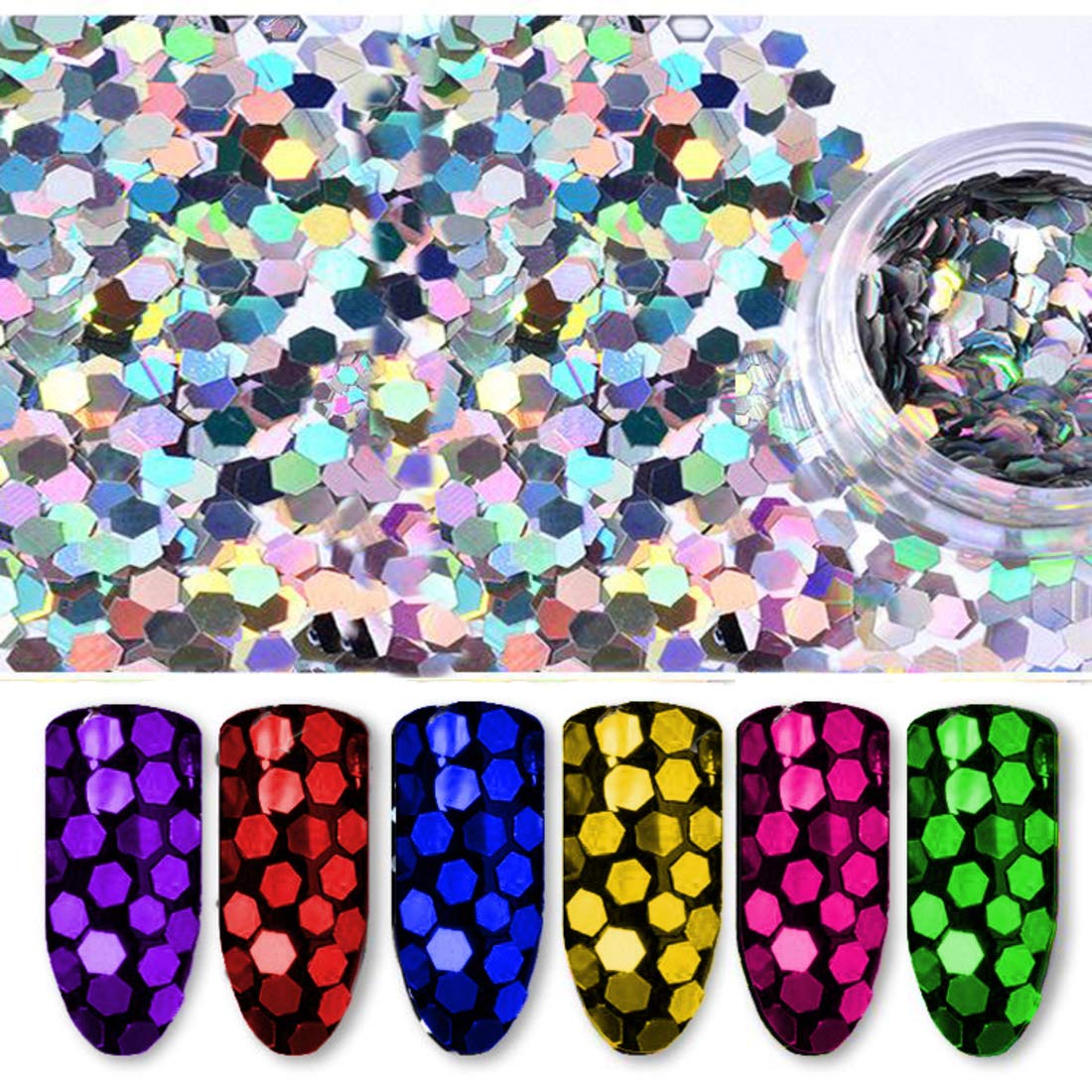 Western World 7pcs Hexagon Holographic Nail Glitter Set - Shimmering Multicolor Acrylic Sequins for Nail Art Decorations | Perfect for DIY Manicures, Salon Nail Designs & Party Glam Looks