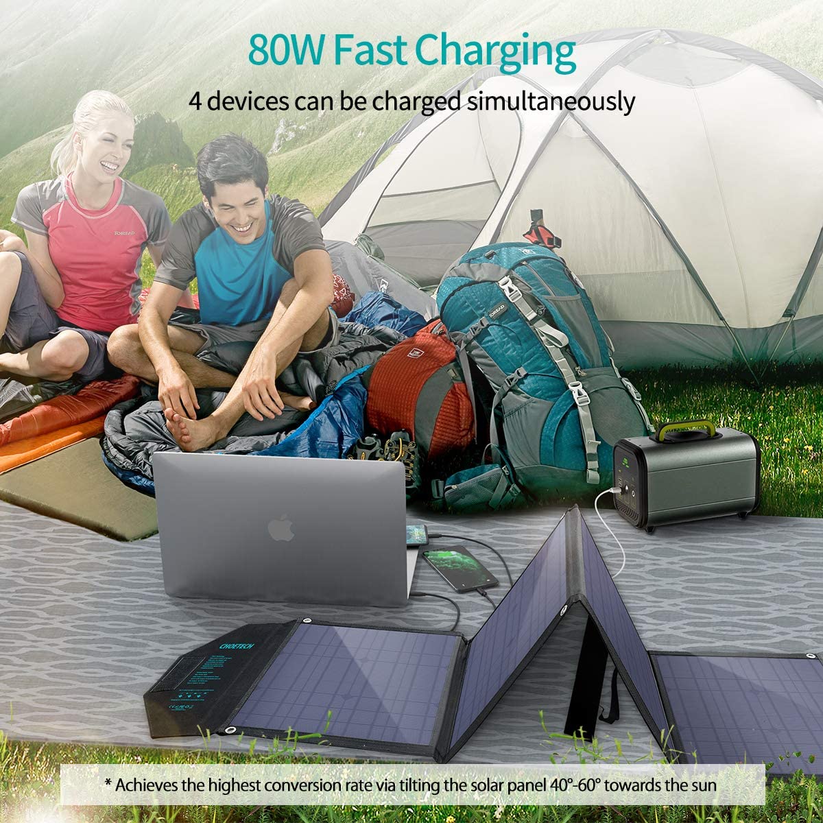 Choetech 80W Foldable Solar Charger with Dual USB Ports | Portable Solar Panel for Camping, Hiking & Outdoor Adventures | Waterproof & Lightweight Solar Power Bank for Phones, Tablets & Small Devices