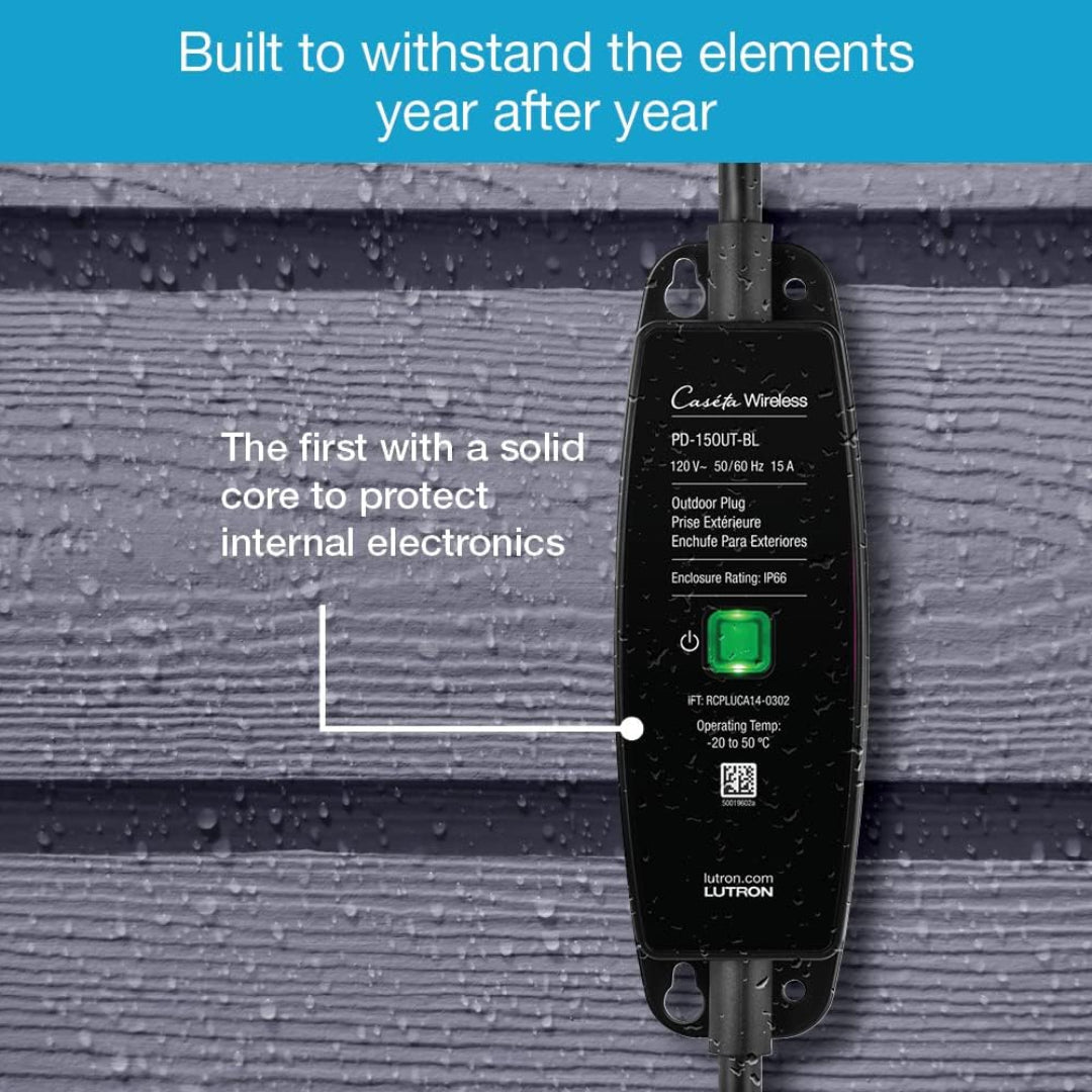 Lutron Caséta Weatherproof Outdoor Smart Plug On/Off Switch - PD-15OUT-BL | Smart Home Landscape & String Light Control | Black | Perfect for Patio, Garden & Holiday Decorations