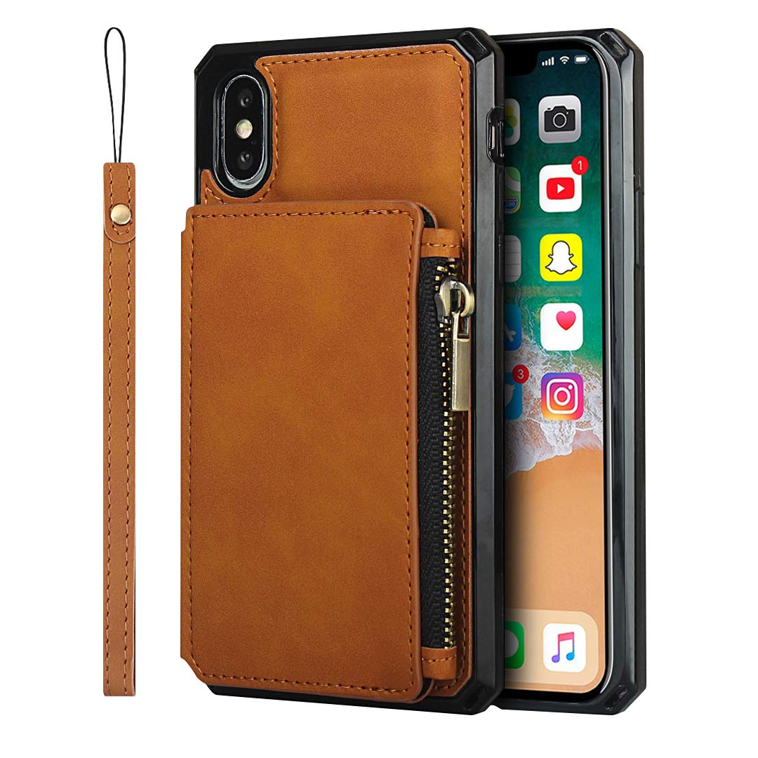 Premium PU Leather Zipper Wallet Case for iPhone Xs Max - Shockproof Card Holder with 3 Slots & Wrist Strap | Perfect for Travel, Shopping & Daily Use (Khaki)
