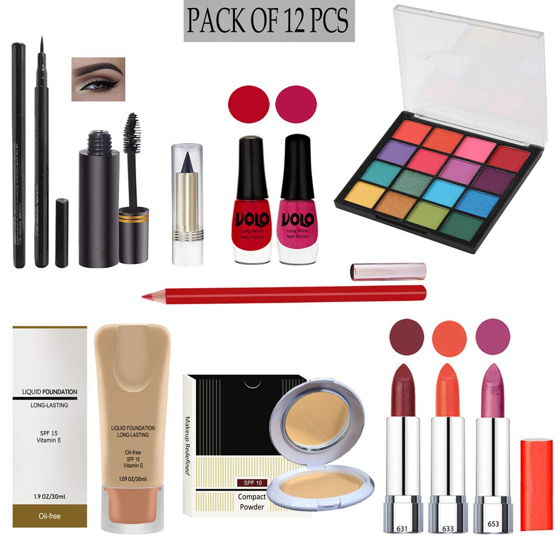 G4U Complete 12-Piece Makeup Kit for Women - 3 Lipsticks, Eyeliner, Mascara, Kajal, 2 Nail Polishes, 16-Color Eyeshadow Palette, Foundation, Compact Powder, Lipliner | Perfect for Everyday Makeup, Party Looks & Professional Makeup Artists
