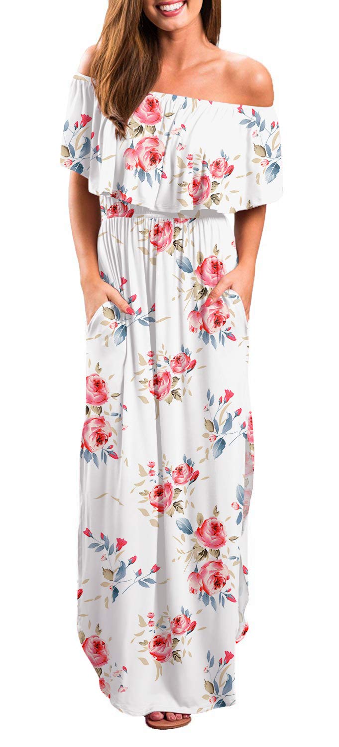 LILBETTER Women's Off Shoulder Ruffle Party Dress with Side Slit - Flowy Beach Maxi Dress for Summer Vacations, Weddings & Date Nights