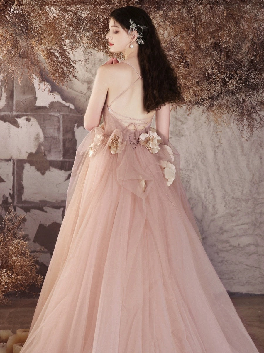 Elegant A-Line V-Neck Tulle Flower Pink Long Prom Dress for Women - Perfect for Evening Gala, Formal Dance & Special Occasions