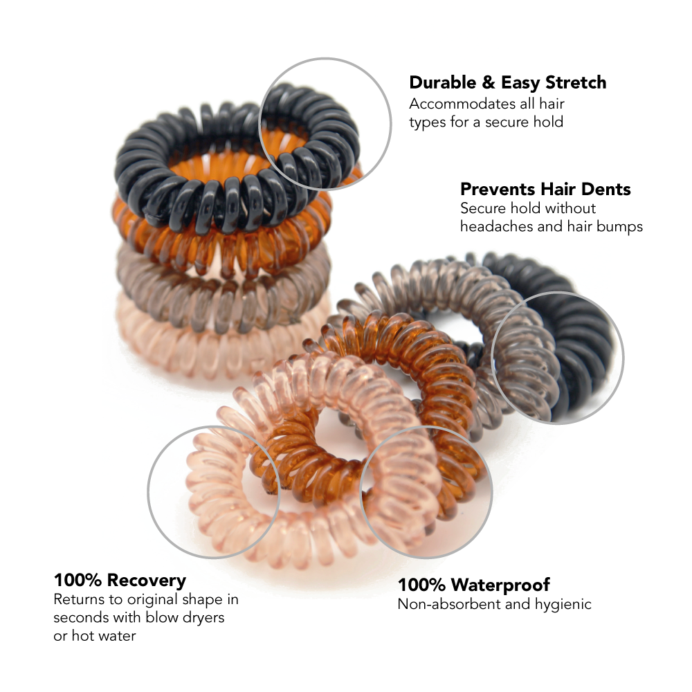 Waterproof Spiral Hair Ties for Women - 8 Pack No Slip Elastic Hair Bands for Running, Swimming, Yoga & Workout - Gentle on Hair No Crease Ponytail Holders