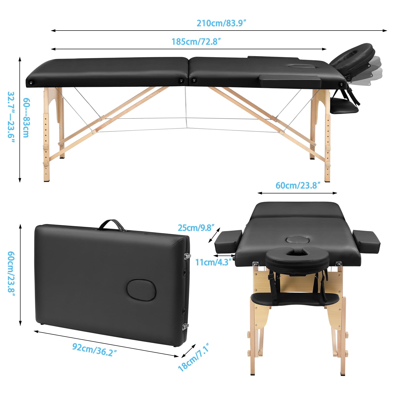 Portable Massage Table Foldable Lash Bed - Adjustable Height Physical Therapy Table for Spa, Tattoo & Beauty Salon - Black - Perfect for Professional Massage Therapists & Home Use