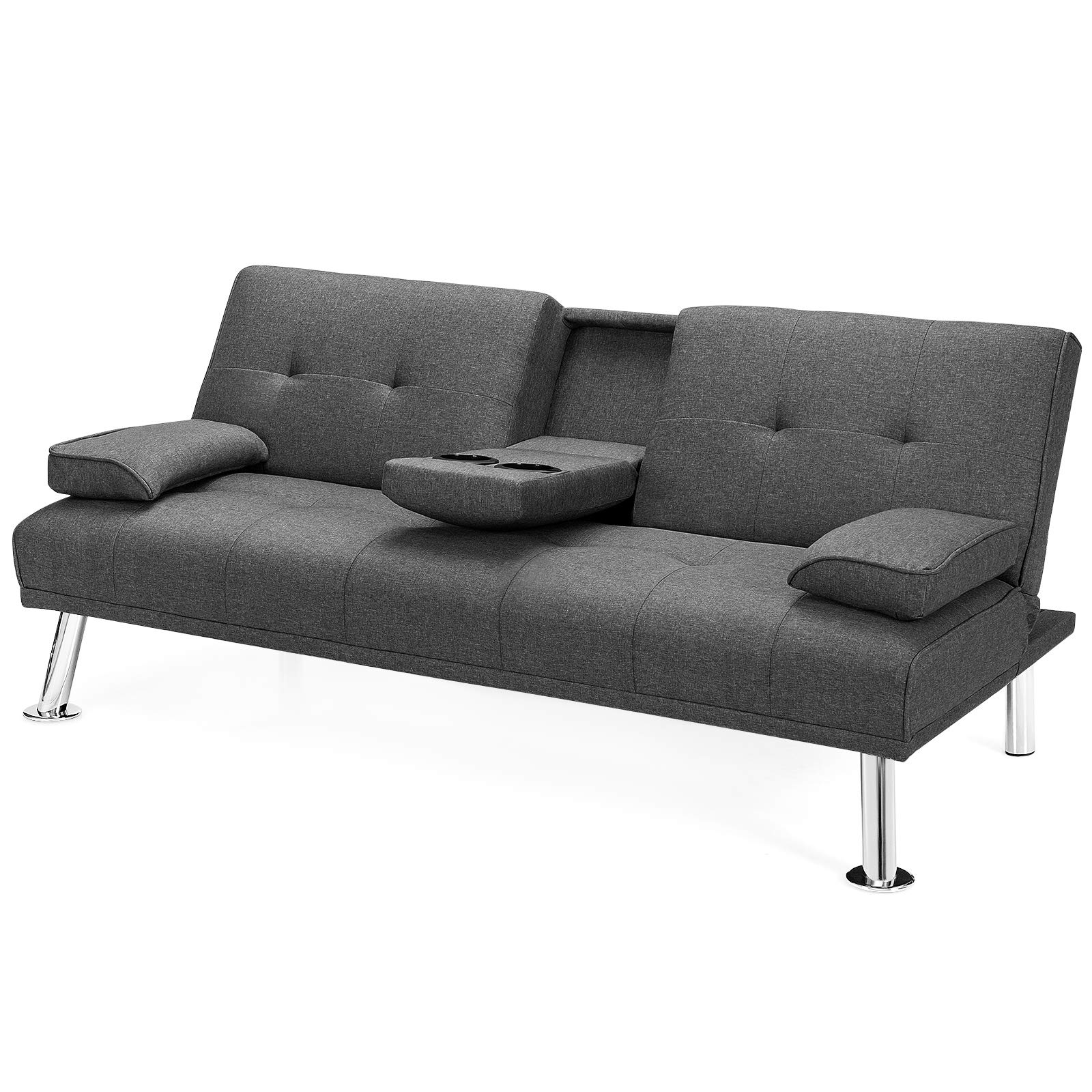 ARLIME Convertible Futon Sofa Bed - Adjustable Backrest, 2 Cup Holders & Removable Armrests - Modern Linen Upholstered Sleeper Sofa for Living Room, Bedroom & Home Office - Perfect for Small Spaces, Guest Rooms & Apartments