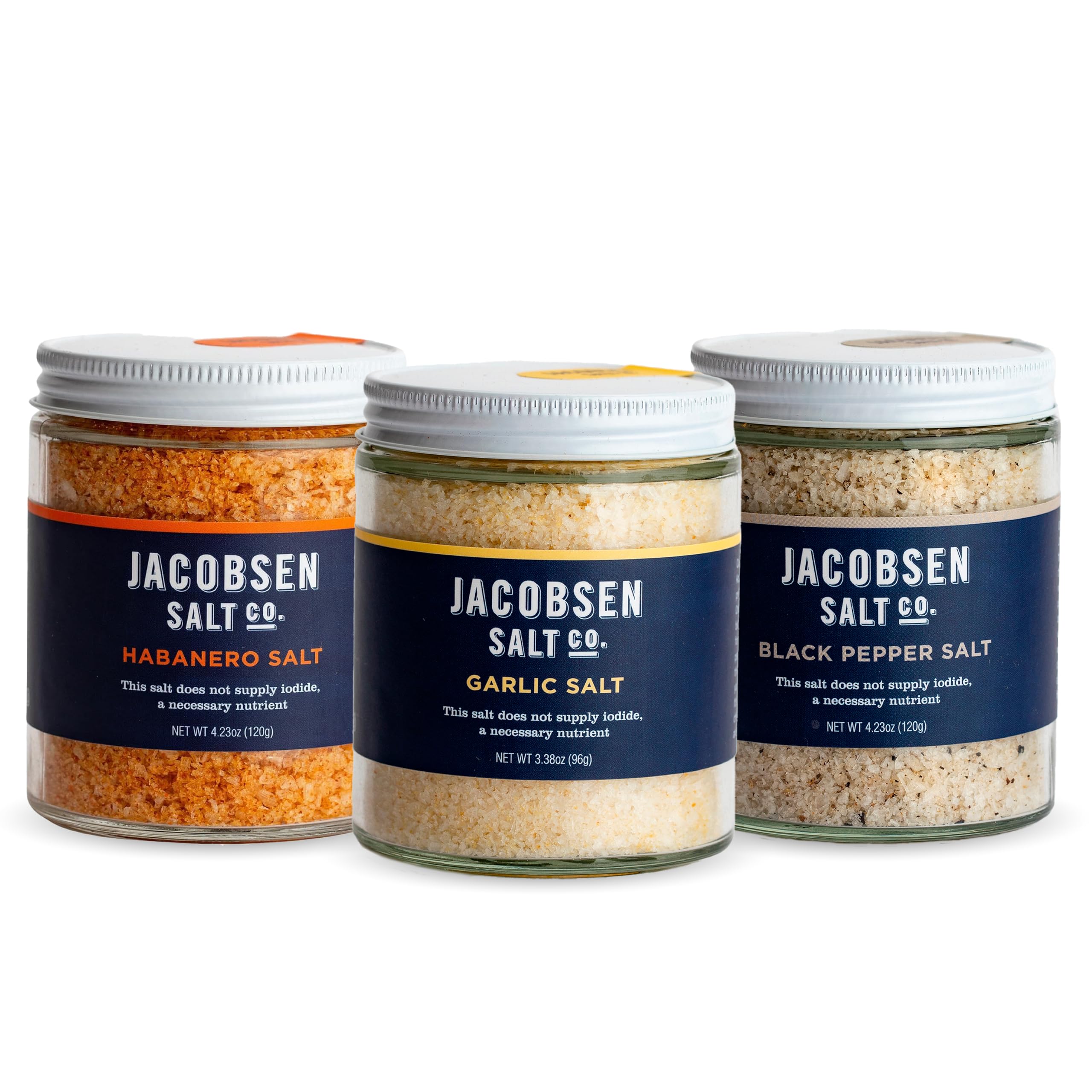 Jacobsen Salt Co. Gourmet Sea Salt Variety Pack - Kosher, Non-Ionized, USA Made, Non-GMO, Steak Seasoning - Black Pepper, Garlic & Habanero Salt (3-Pack) | Perfect for Grilling, Cooking & Gourmet Food Gifts
