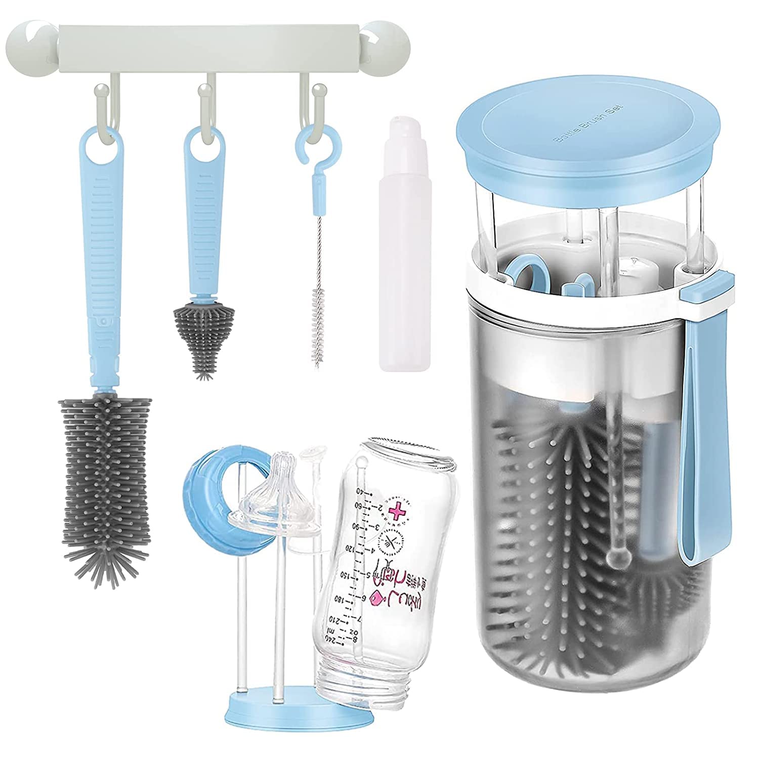 Portable Baby Bottle Brush Travel Set - Silicone Nipples Cleaner & Mini Drying Rack | Newborn Essentials for On-the-Go Parents | Perfect for Travel, Daycare & Home Use