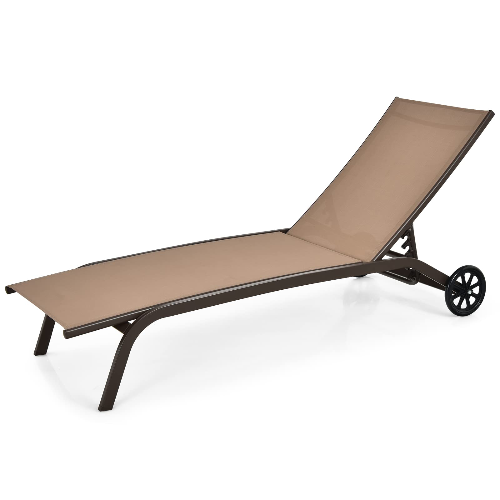 **Tangkula 6-Position Adjustable Outdoor Chaise Lounge Chair - Breathable Fabric, Smooth Wheels - Patio, Poolside, Garden Relaxation (Brown)**