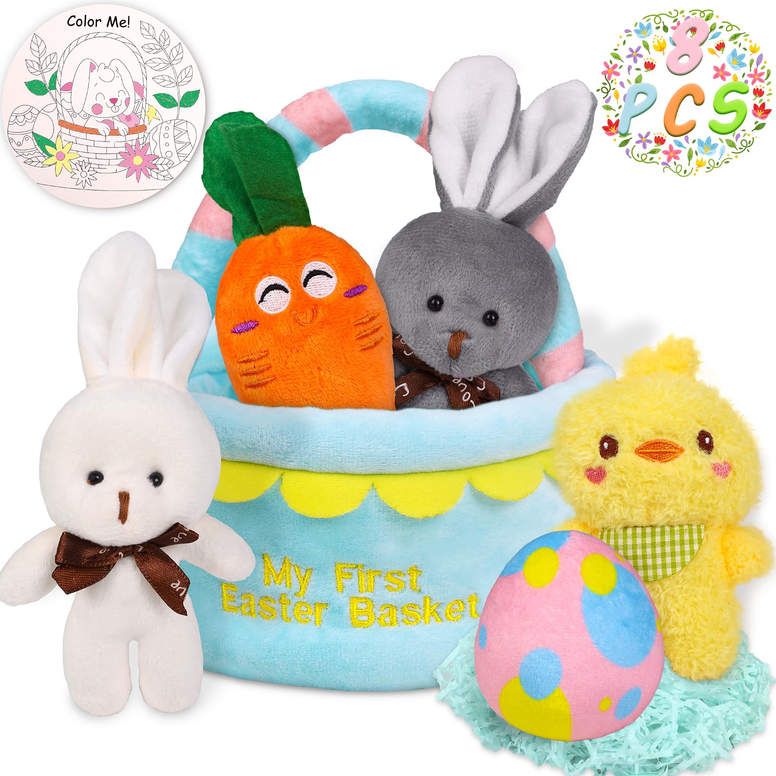8PCS My First Easter Basket Stuffers - Soft Plush Carrot, Egg, Bunny & Chick Stuffed Animals for Toddlers Girls Boys - Easter Party Favors & Gifts for Kids (Great for Easter Egg Hunts, Basket Fillers & Spring Celebrations)