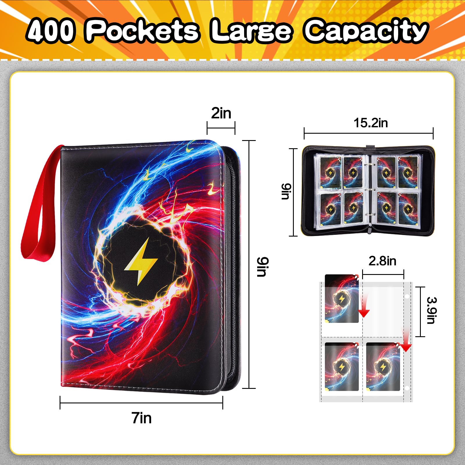 Waterproof 4-Pocket Trading Card Binder - 400 Capacity Card Holder Album with 50 Removable Sleeves, Durable Storage & Display Case for Collectors (Black) - Perfect for Pokemon, Yu-Gi-Oh, MTG & Sports Cards Organization