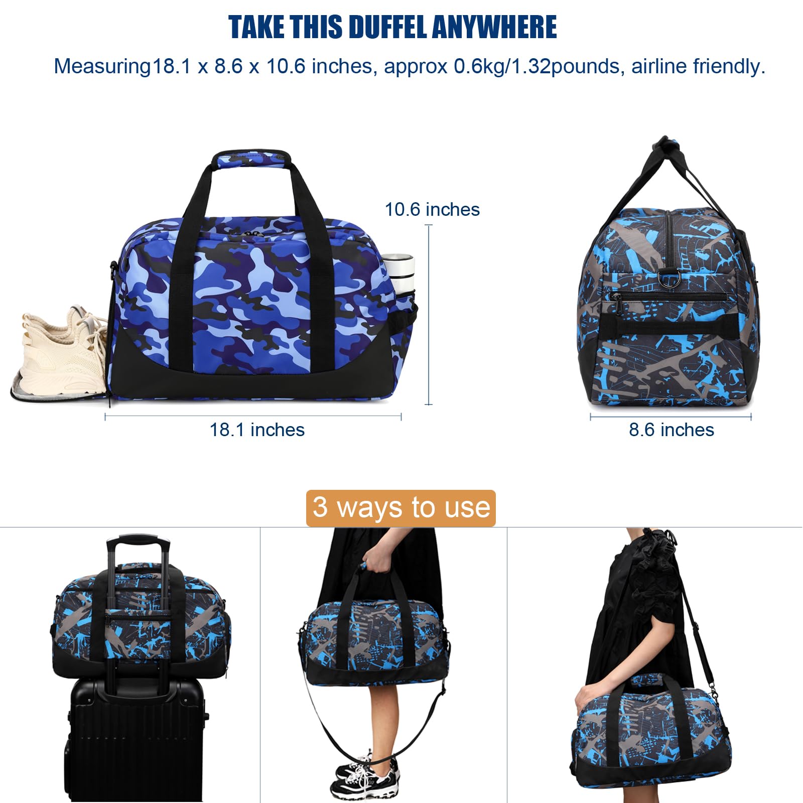 Octsky Camo Blue Weekender Bag - Waterproof Overnight Duffle Bag for Travel, Gym & Sports with Shoe Compartment | Perfect for Weekend Getaways, Business Trips & Workout Sessions