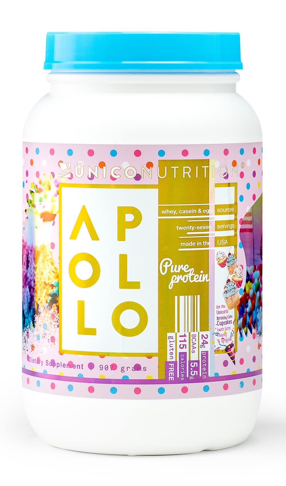 UNICO Apollo Birthday Cake Protein Powder - 100% Grass-Fed Whey Protein, Egg Albumen & Casein Blend | Non-Bloating, Easy Digest Formula | Low Carb, Low Fat, 24g Protein per Serving | Perfect for Post-Workout Recovery & Birthday Celebrations