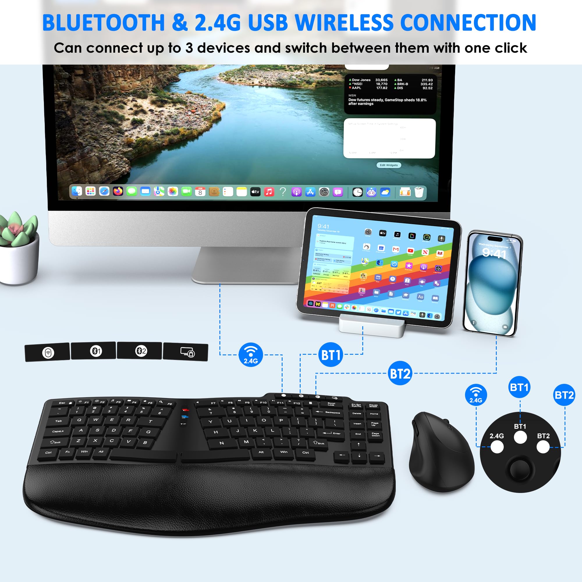 Ergonomic Wireless Keyboard and Mouse Combo - Bluetooth/2.4G Split Design with Palm Rest | 3-Level DPI Adjustable Vertical Mouse | Rechargeable for Windows & Mac | Perfect for Office, Gaming & Home Use