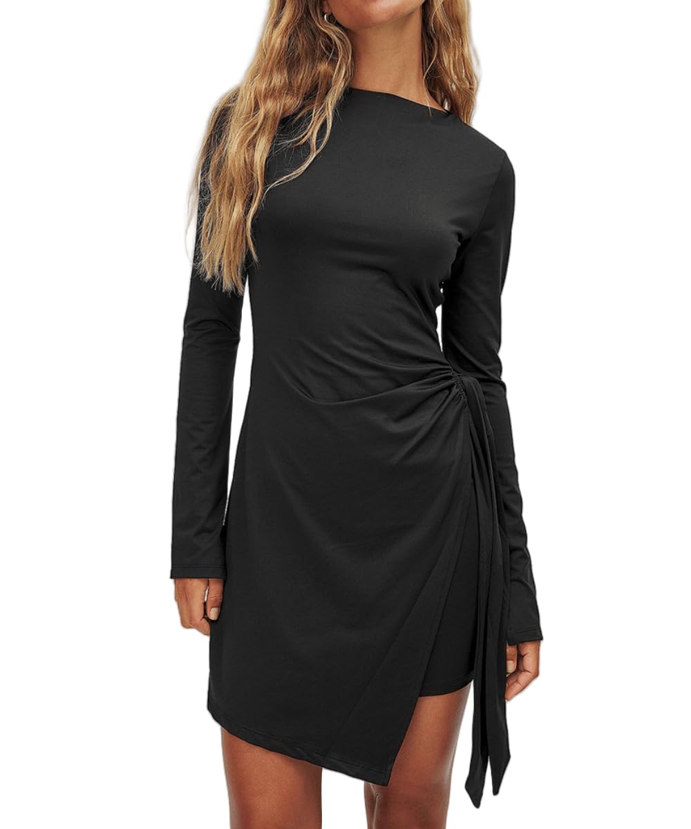 Women's Casual Long Sleeve Wrap Mini Dress - Crew Neck Ruched Tie Waist Bodycon Party Dress for Night Out, Date Night & Club Wear