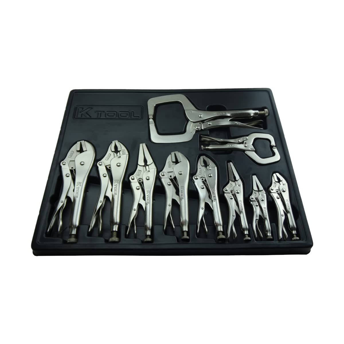 K Tool International 58730 10-Piece Automotive Vice Grip Pliers Set - Locking Straight & Curved Jaw Needle Nose Pliers for Auto Repair, DIY Projects & Garage Use | Heat-Treated Nickel Plated Steel with Organizing Tray | Perfect for Mechanics, Home Workshops & Professional Repair Shops