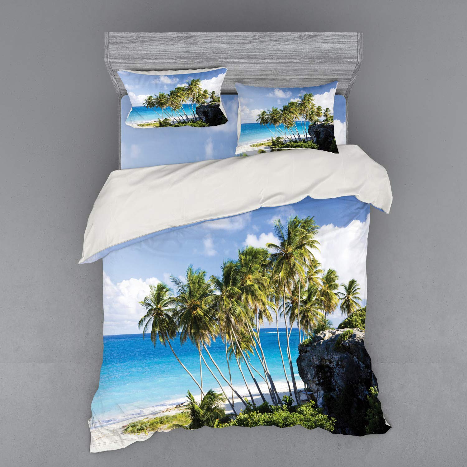 Ambesonne 4-Piece Queen Duvet Cover Set - Caribbean Island Palm Tree & Ocean Print Bedding with Shams & Fitted Sheet, Cream Blue | Tropical Vacation Theme for Bedroom Decor & Travel Lovers