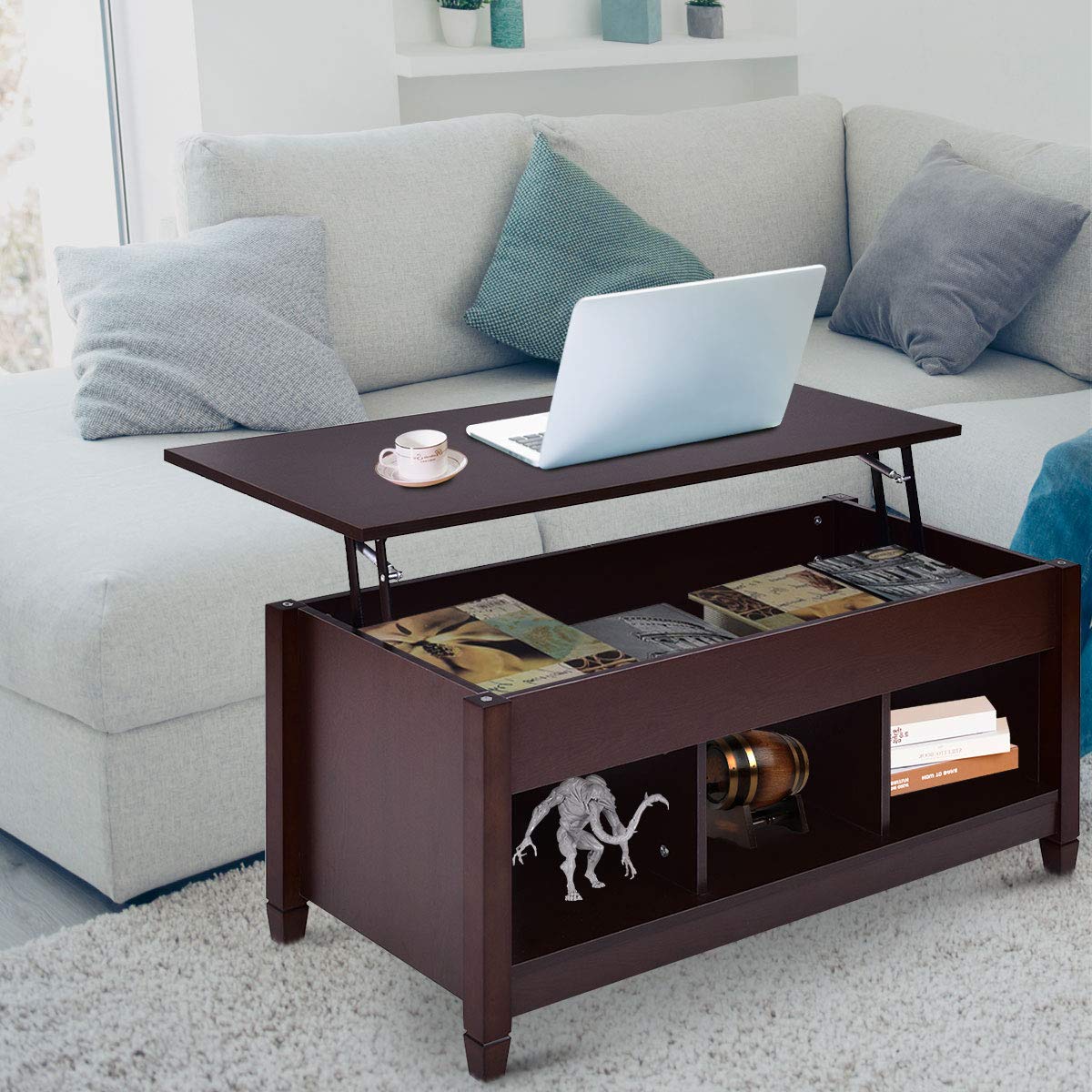 Lift Top Coffee Table with Hidden Storage Compartment & Display Shelves - Retro Espresso End Table for Living Room, Bedroom, Home & Office - Perfect for Tea Time, Dining, and Extra Storage Space