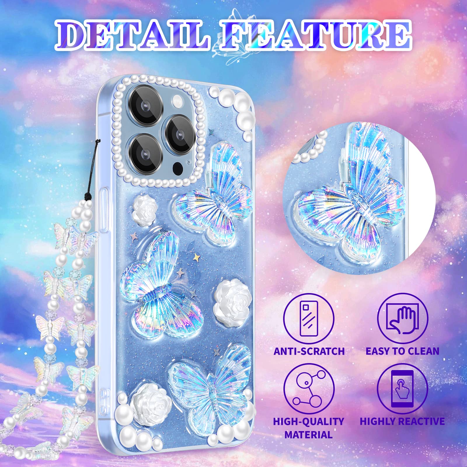 Goocrux 4-in-1 iPhone 13 Pro Case for Women - Glitter Butterfly Sequin Sparkle Clear Phone Cover with Chain, Camera Protector & Screen Protector | Cute Girly Design for Everyday Use & Special Occasions
