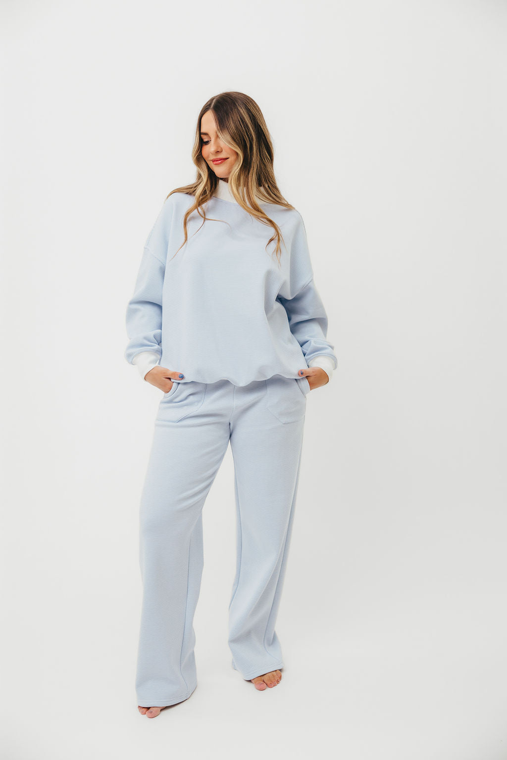 Cynthia Mini Striped Mock Neck Sweatshirt - Blue and White Pullover for Women | Casual Fall & Winter Fashion | Perfect for Layering, Coffee Dates & Weekend Outings