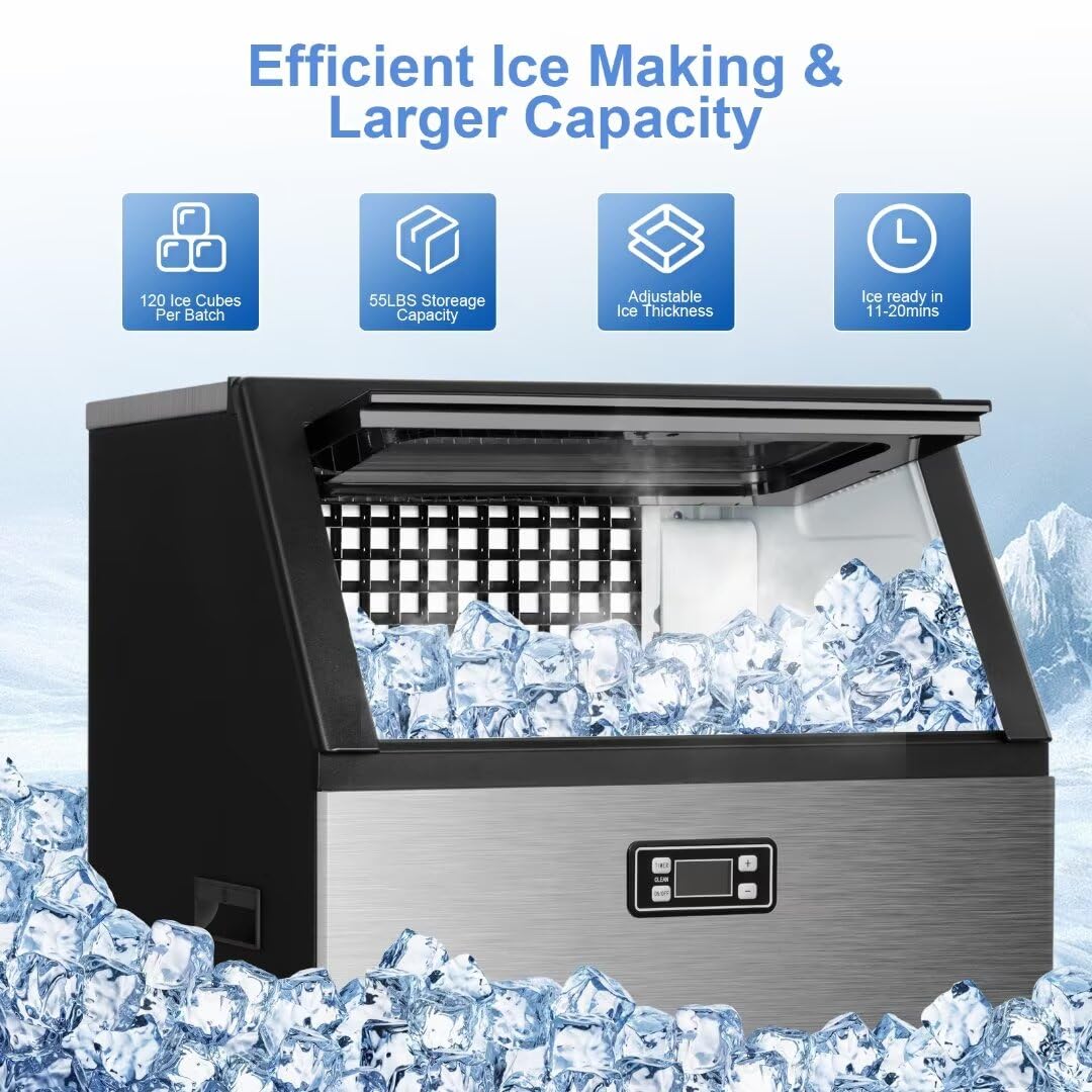Kismile Commercial Ice Maker Machine - 200lbs/24h Nugget Ice Production, 55lbs Storage Capacity, Heavy Duty Stainless Steel Construction - Perfect for Home Bars, Restaurants, Coffee Shops & Office Break Rooms (Ideal for Cocktails, Iced Coffee & Beverage Service)