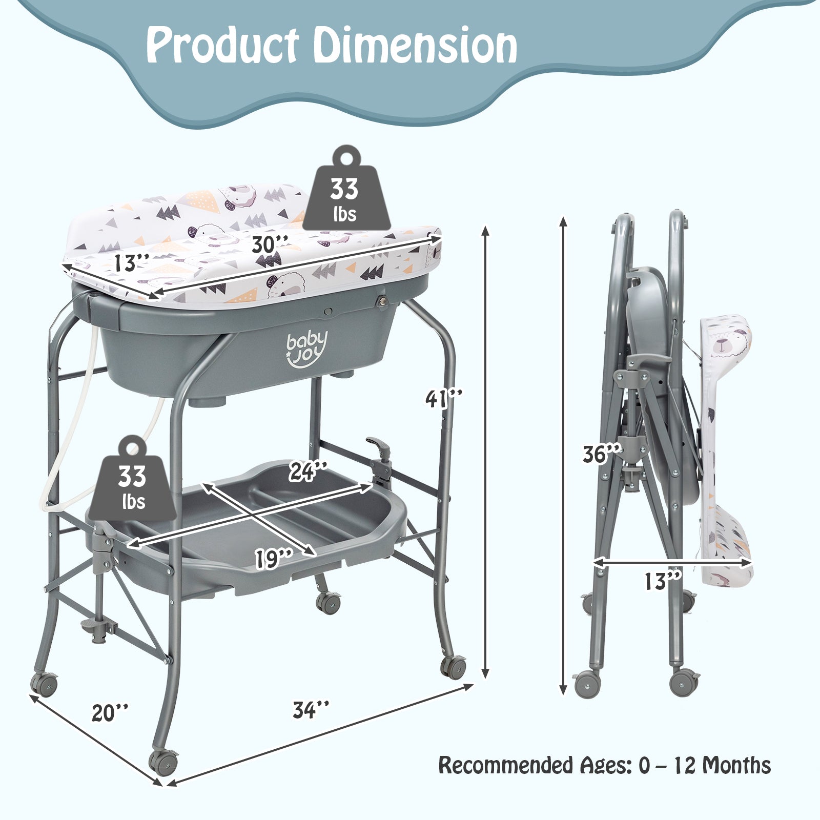 Portable Baby Changing Table with Storage Basket & Shelves - Light Gray | Foldable Diaper Station for Nursery, Travel & On-the-Go Parents | Space-Saving Baby Essentials Organizer