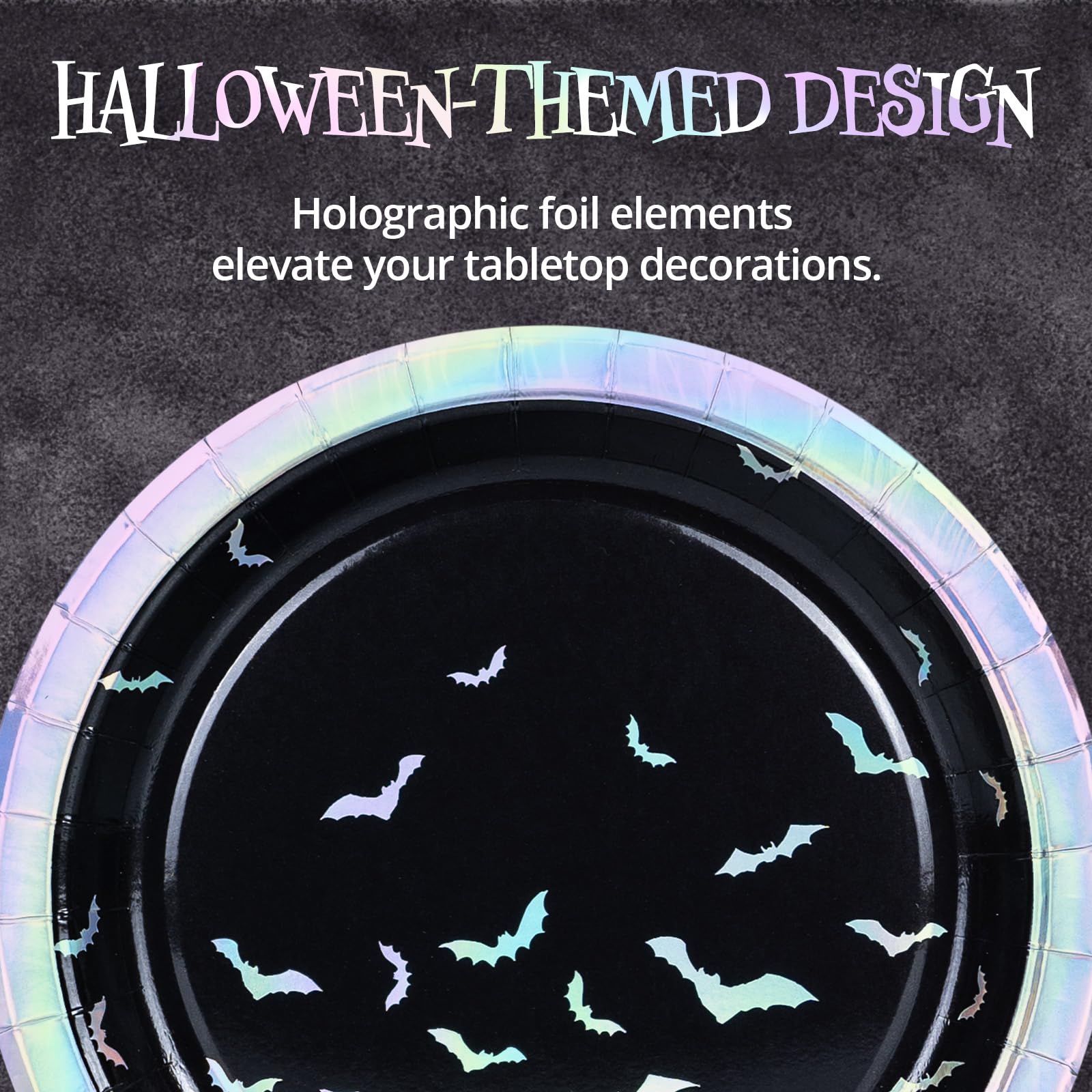 50-Count Halloween Paper Plates - Disposable Dinner Plates with Bats & Iridescent Silver Foil Design for Halloween Party Supplies, Decorations & Spooky Celebrations