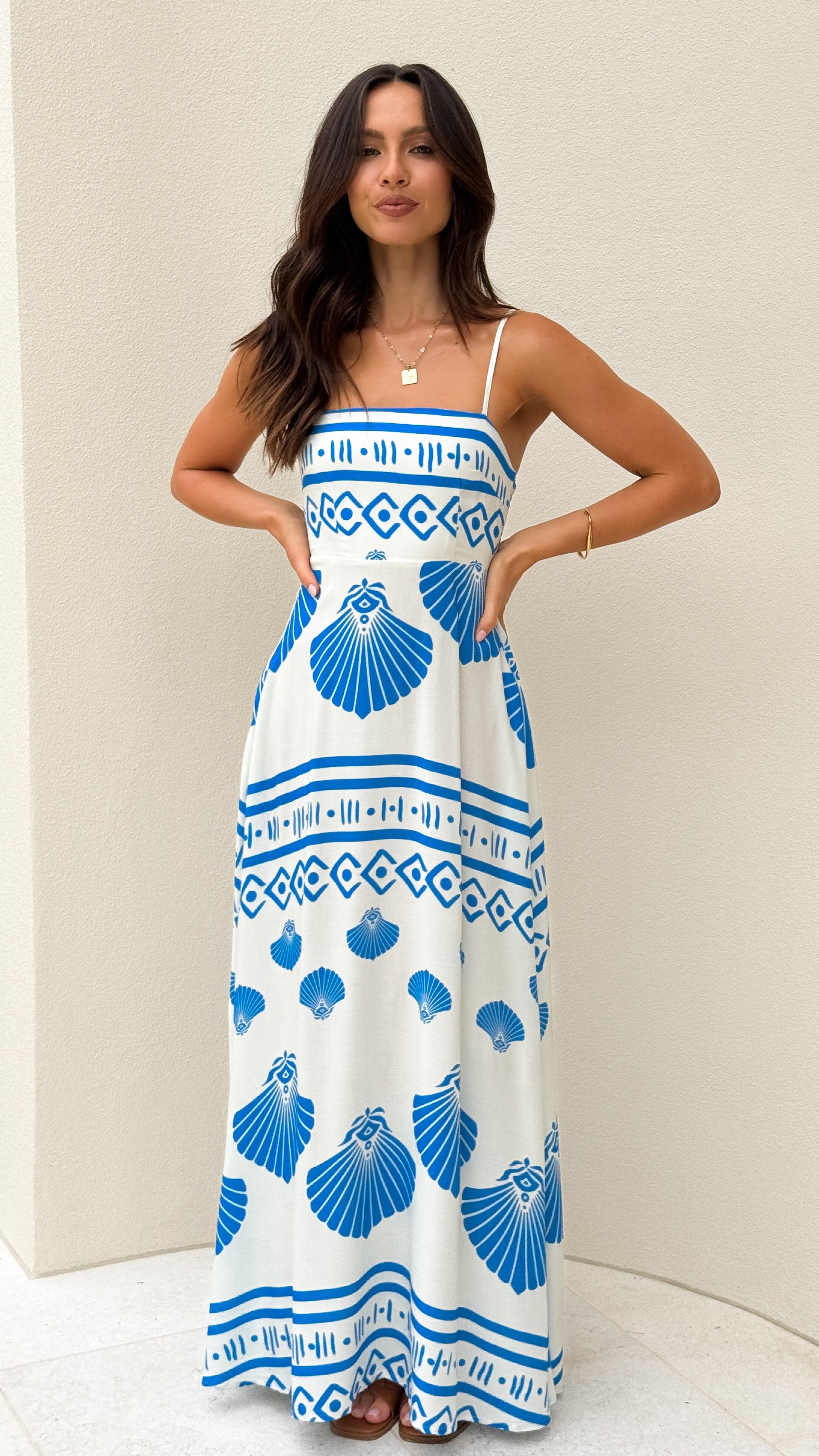 Jaylene Maxi Dress - Flowy Beach Cover Up, Summer Boho Long Dress with Pockets, Sea Shell Print - Perfect for Vacations, Beach Parties & Casual Outings