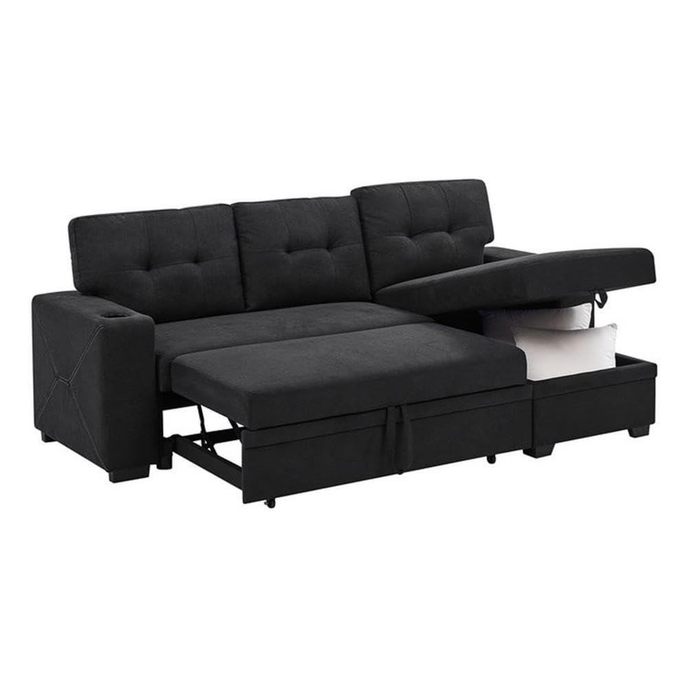 Black Polyester Blend Convertible Sectional Sleeper Sofa with Cup Holders - Upholstery Fabric for Living Room, Home Theater & Guest Room Comfort