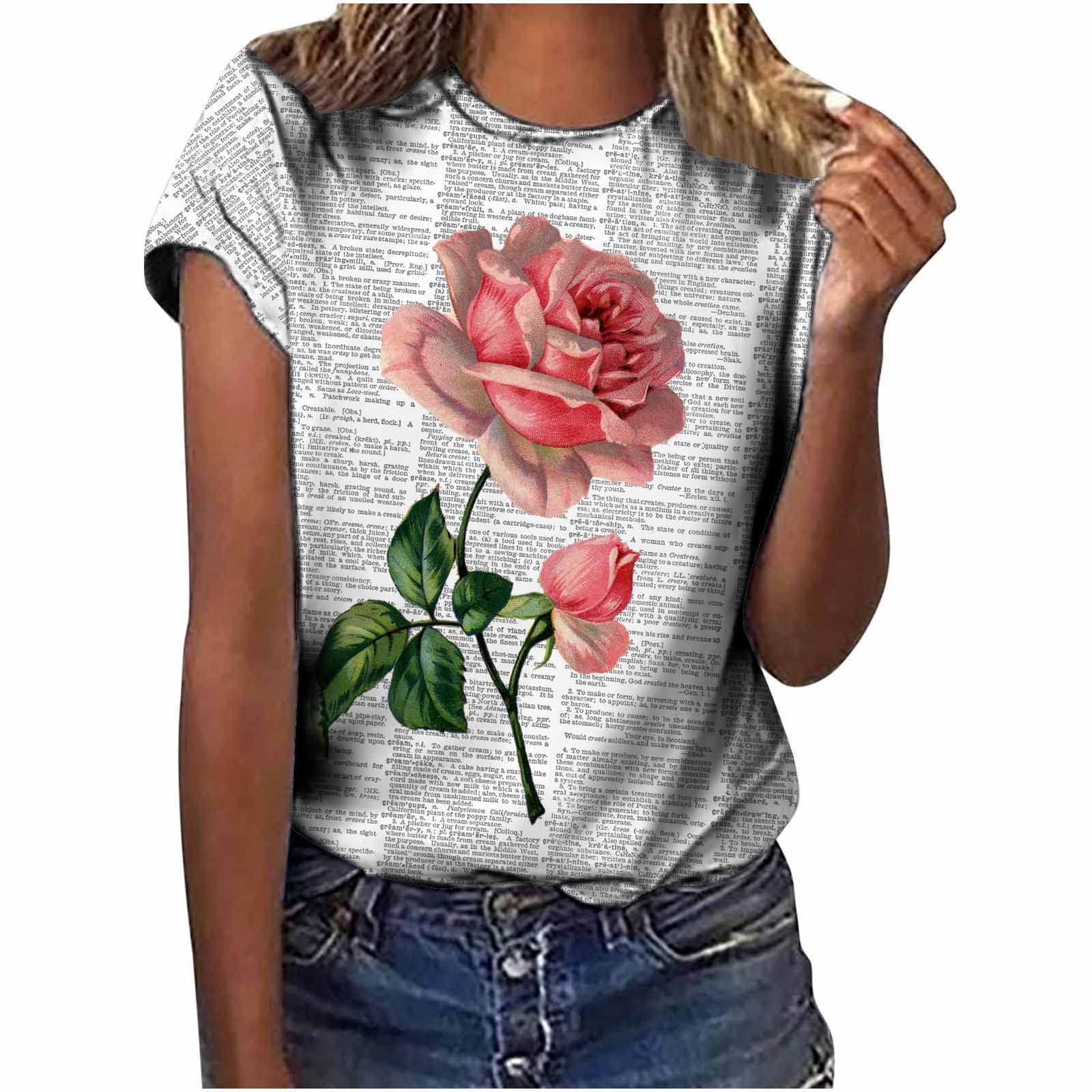 Women's Floral Print Crewneck Short Sleeve T-Shirt - Casual Graphic Tee Blouse for Summer Outfits, Daily Wear & Street Style Fashion