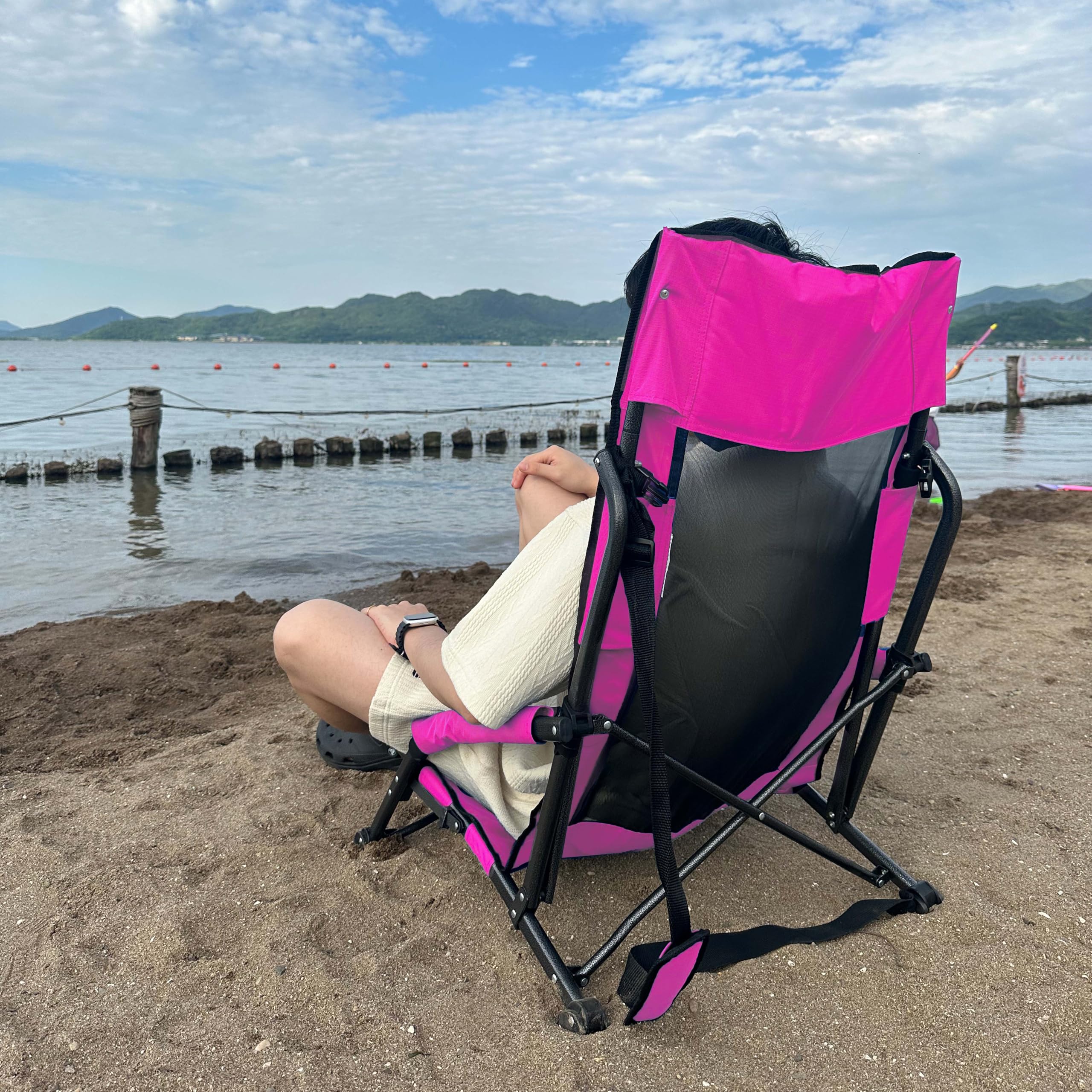 SPORT BEATS Low Beach Chairs Set of 2 - Portable Folding Chairs with High Back Support, Head Pillows & Shoulder Straps - Perfect for Beach, Camping, Picnics & Outdoor Relaxation