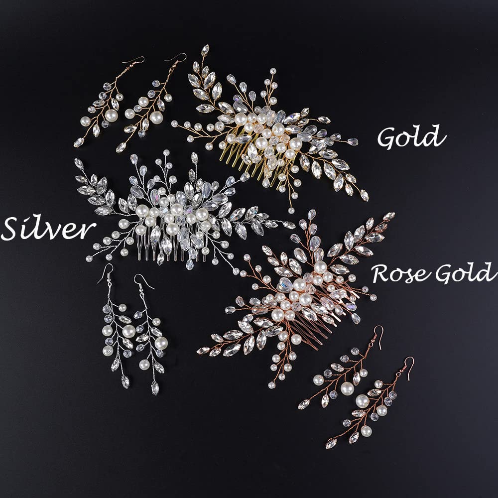 Jumwrit Bridal Hair Comb & Pearl Dangle Earrings Set - Handmade Rhinestone Wedding Hair Accessories for Women & Girls (Gold) | Perfect for Bridal Showers, Weddings & Special Occasions