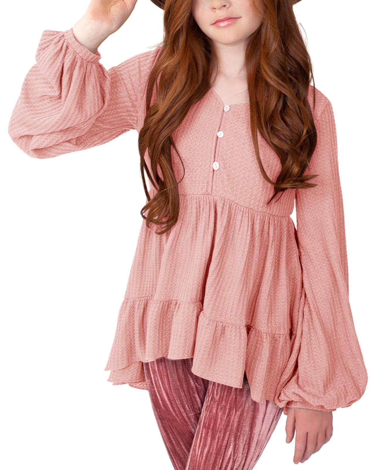 Girls Waffle Knit Tunic Top - Baby Doll Peplum Blouse with Ruffles & Flowy Long Sleeves - Loose Fit High-Low Jumper for Kids | Perfect for School, Playdates & Casual Outfits