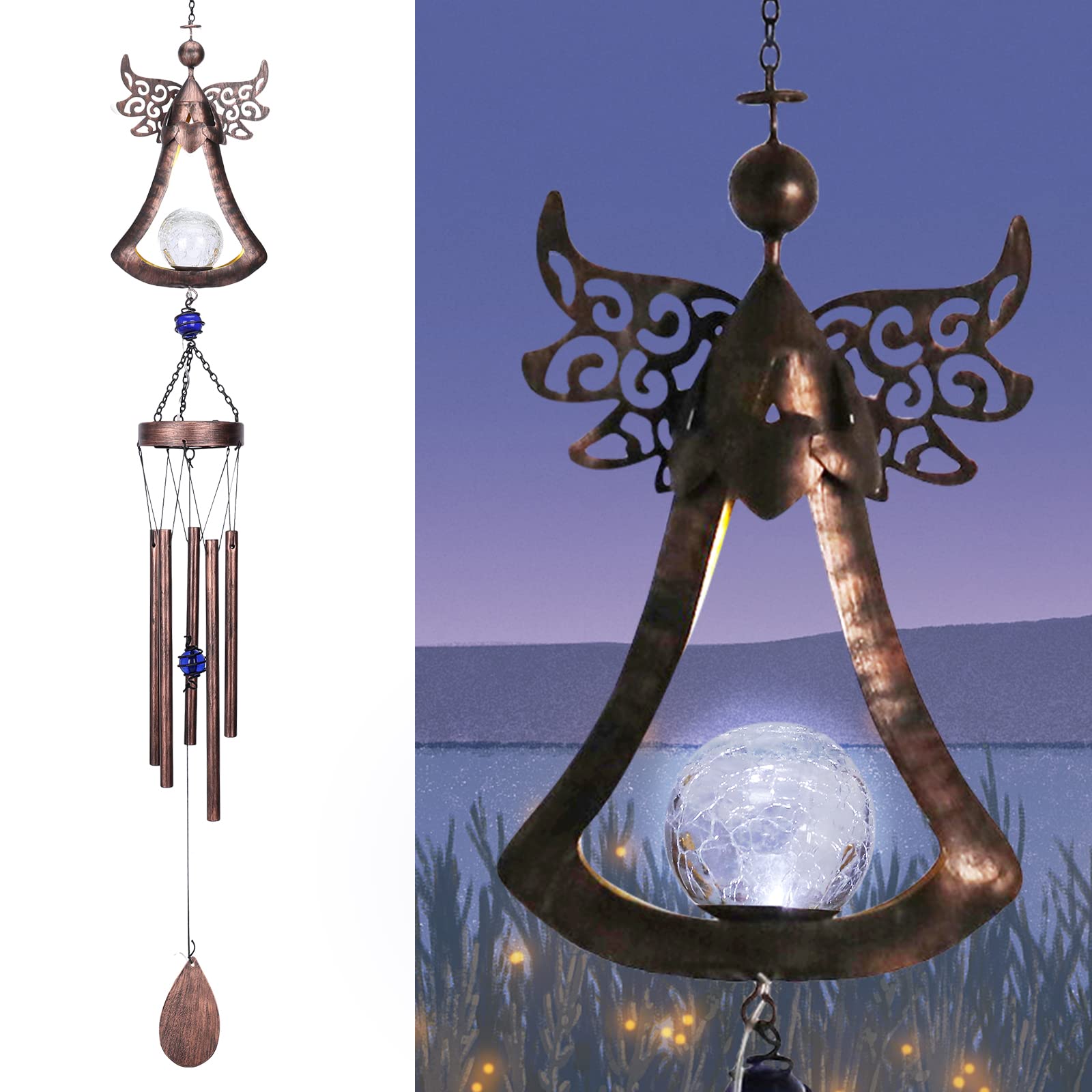 Solar Wind Chimes for Outside - 31 Inch Metal Angel Wind Chime with Solar Lights, Garden Yard Patio Decor for Relaxing Outdoor Ambience