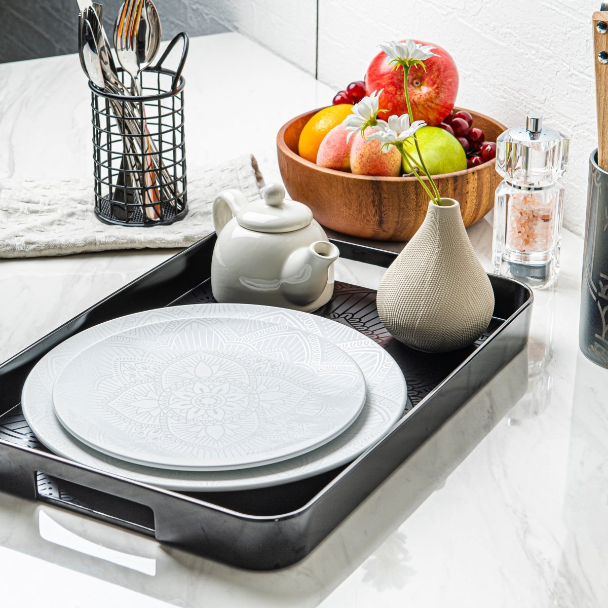 La La Mandala Black Melamine Gallery Tray 11.5 x 16 Inches - Elegant Serving Tray for Home Decor, Dining, and Entertaining