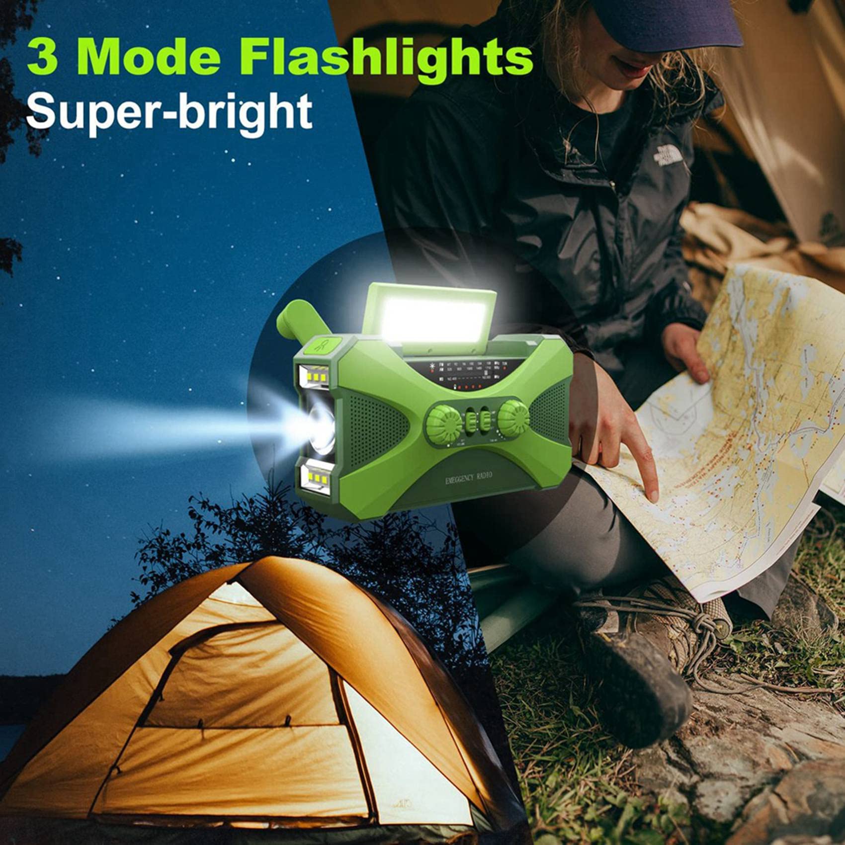 VENEKA 3X 10000mAh Solar Hand Crank Emergency Radio with Phone Charger & LED Flashlight - Portable Power Bank for Outdoor Camping, Hiking, and Emergency Preparedness (Green)