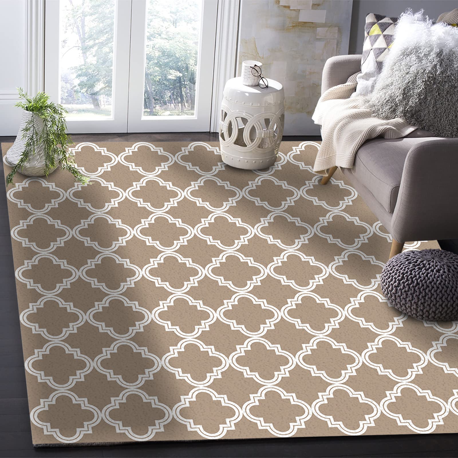 4'x6' Non-Shedding Boho Moroccan Area Rug - Classic Geometric Tile Print in Beige for Living Room, Bedroom, Entryway & Bathroom | Durable Indoor/Outdoor Floor Mat for Home Decor & High Traffic Areas