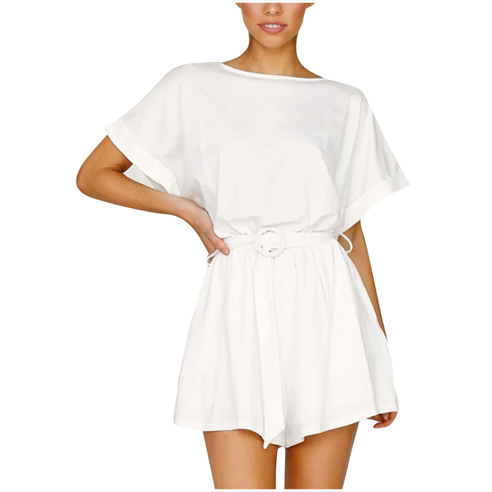 Women's Summer Jumpsuit - Batwing Sleeve Rolled Cuff Printed Romper with Belt | Casual Loose Fit Short Jumpsuit for Beach, Vacation & Outdoor Activities