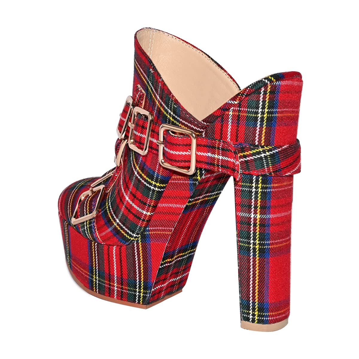 FSJ Women's Plaid Platform Mules - Chunky Block Heel Slip-On Sandals with Gold Buckle | Round Toe Backless Slides (US Size 4-15) | Perfect for Office, Party & Date Night Outfits