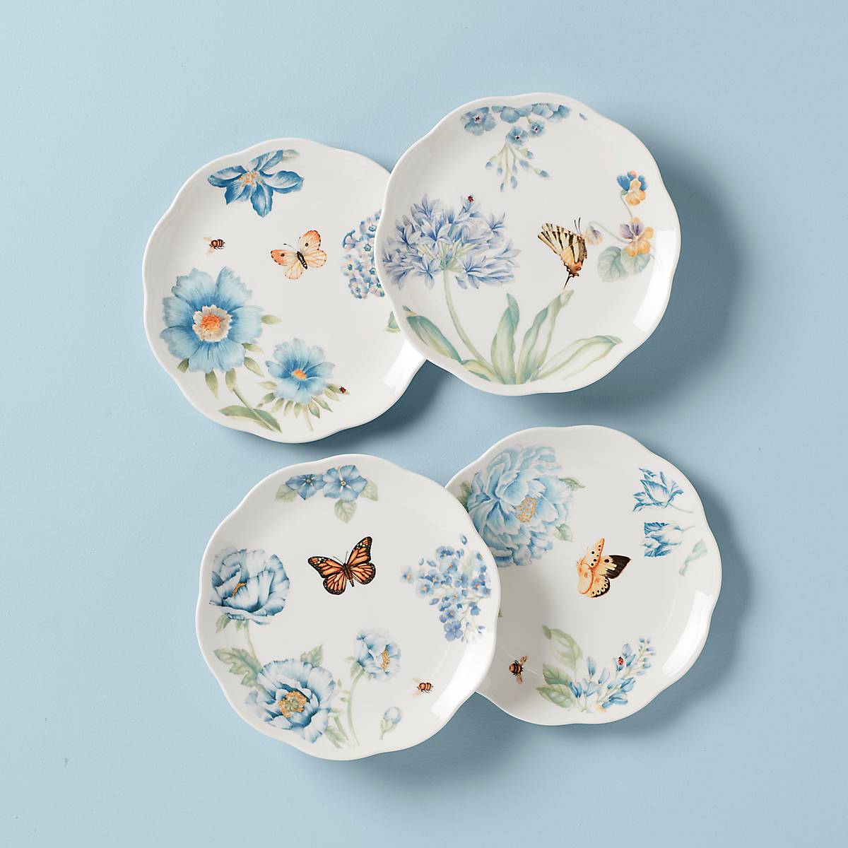 Butterfly Meadow Blue Dessert Plates - Set of 4 Elegant Ceramic Plates for Parties, Weddings & Home Decor | Perfect for Cakes, Pastries & Special Occasions