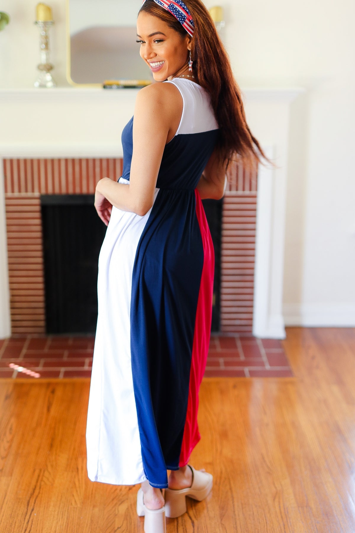 American Flag Color Block Fit & Flare Maxi Dress for Women - Perfect for 4th of July, Memorial Day & Patriotic Events