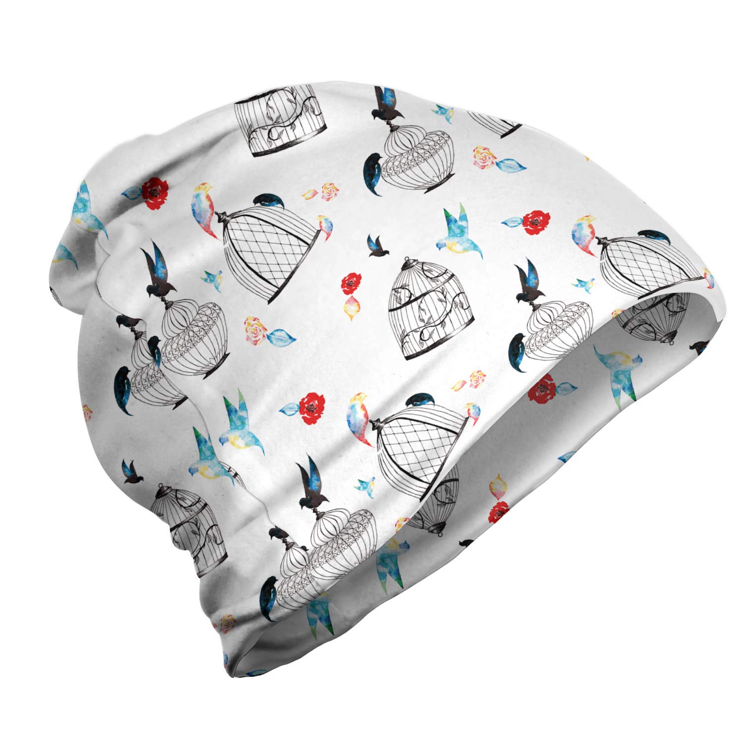 Ambesonne Unisex Beanie - Birds Roses Cages Design - Warm Winter Knit Hat for Men & Women - Perfect for Hiking, Camping & Outdoor Activities
