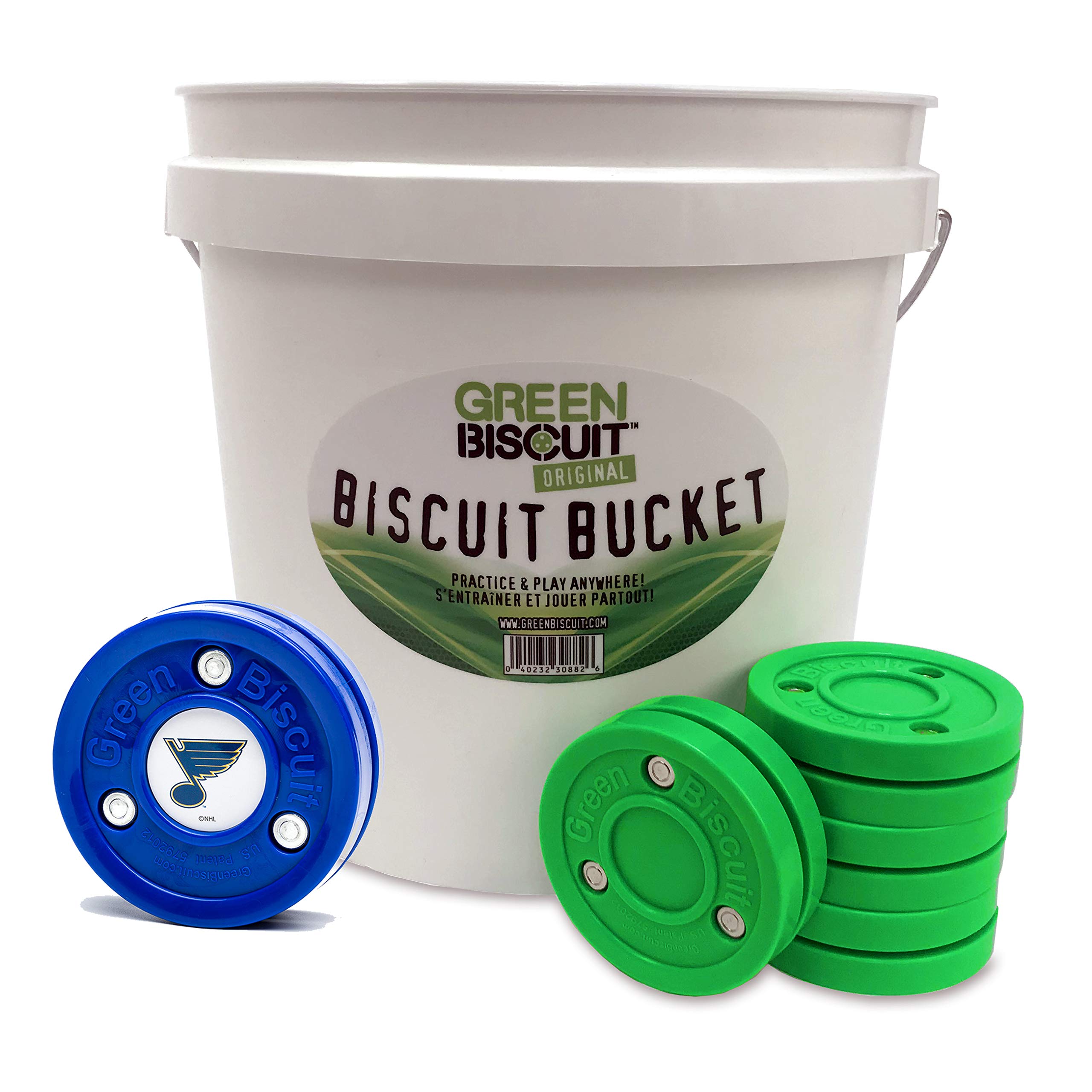 Green Biscuit Bucket 15-Pack Original Street Hockey Pucks - Improve Stickhandling & Passing Skills - Official NHL-Style Training Pucks with Free GB Sticker - Perfect for Outdoor Hockey Practice & Backyard Drills